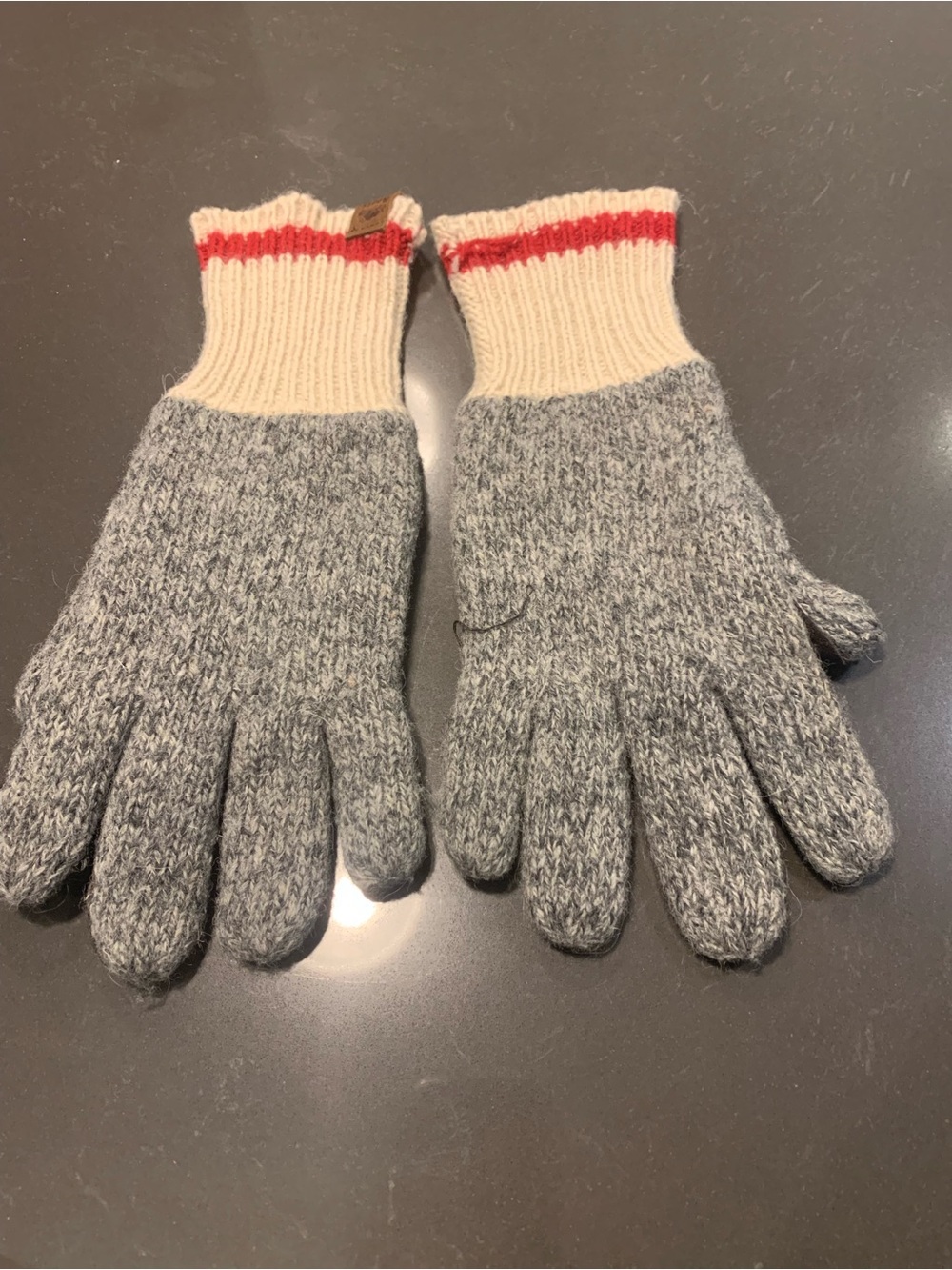 Roots Gray Knit Gloves with Cream Cuffs and Red Stripe